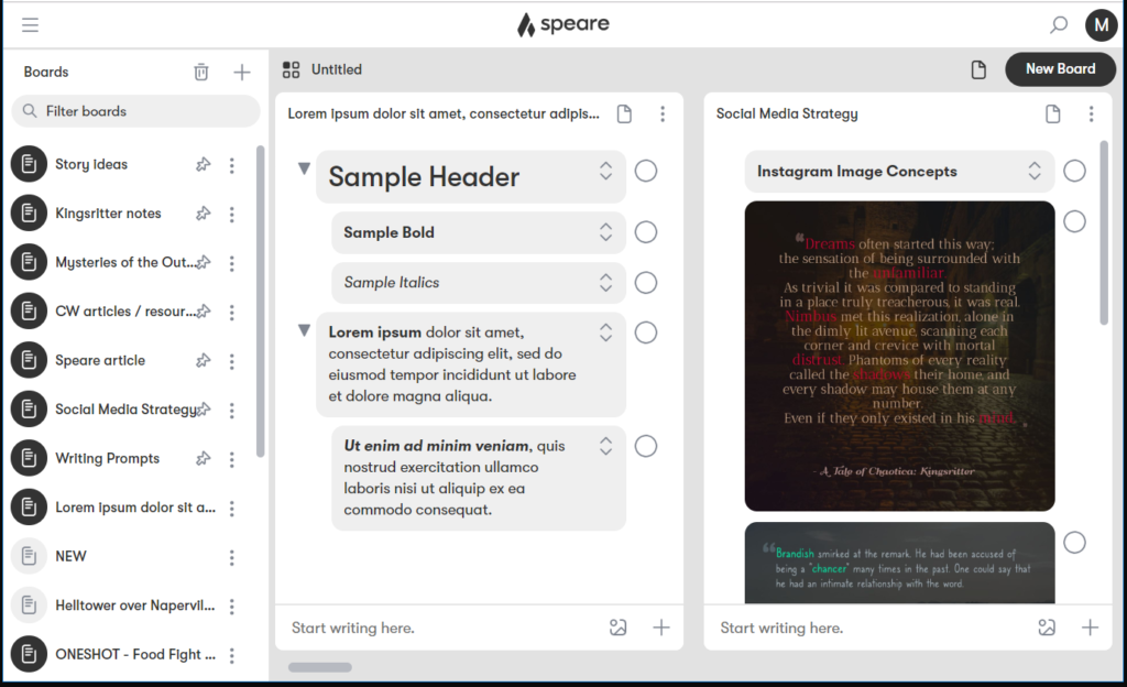 Speare is a writing tool with an intuitive interface with multiple boards to arrange ideas across.