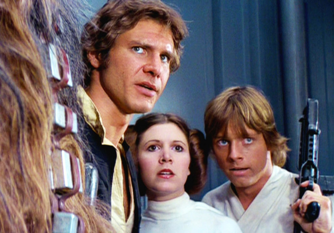 Luke, Han, Chewbacca, and Leia