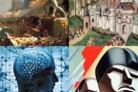 Collage of images representing governments or political events, such as the fall of rome, feudalism, technologically advanced governance like noocracy / cyberocracy, and authoritarianism.