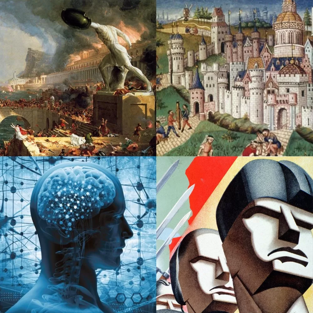 Collage of images representing governments or political events, such as the fall of rome, feudalism, technologically advanced governance like noocracy / cyberocracy, and authoritarianism.